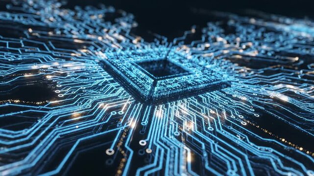 Closeup of glowing blue circuit board