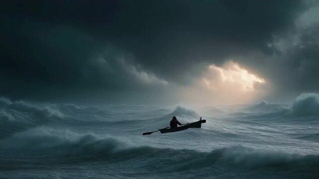 A man rowing a tiny boat on choppy waves against a stormy, gloomy sky represents perseverance and fight in the face of hardship.