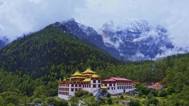 Breathtaking 4K UHD aerial and time-lapse footage of Daocheng Yading in Sichuan Province, a renowned natural reserve and tourist attraction famous for its Three Holy Mountains.