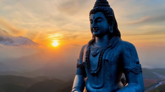 Majestic lord shiva statue at sunset with serene mountains