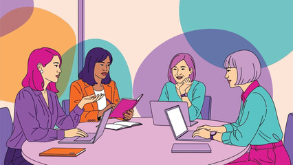 Dynamic female professionals collaborating digitally in a colorful contemporary meeting room