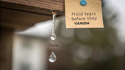 Emotional message on a drop of water featuring a note that reads 'Hold tears before they vanish'