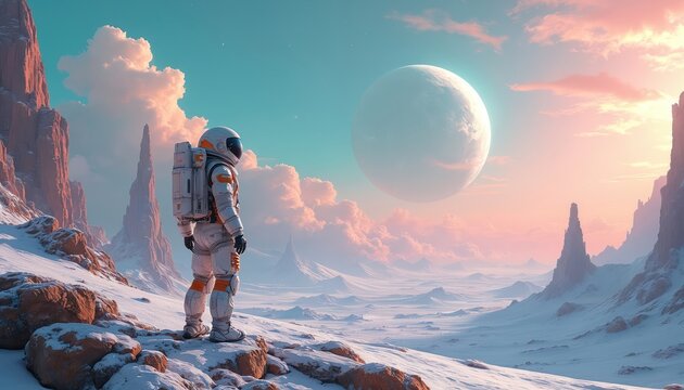 Astronaut on a snowy alien planet looks at large moon. Rocks and mountains in landscape. Traveler explores cosmic world. Space suit explorer observes horizon under the pink sky with clouds and planet.