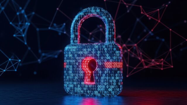 Digital padlock made of code on a dark background with network connections - Powered by Adobe