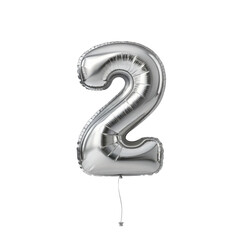 Joyful silver number two balloon for happy party celebration. Shiny helium font character isolated on transparency background for design