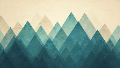 Teal mountain abstract backdrop. Geometric mountain range illustration with modern minimalist style, textured surface. Triangle peaks in light, dark shades on tan backdrop. Nature scenery wallpaper.