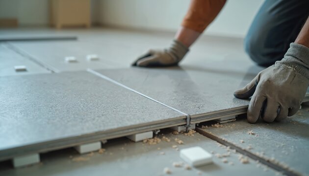 Craftsman lays gray ceramic tiles on floor. Worker installs large format tile. Renovation team improve home interior. Man installs new floor using pro equipment. Tiler works, repair apartment.