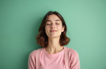 Fototapeta premium Young woman portrait. She has closed eyes and smiles gently. Female in pink casual clothes with a green background. Calm peaceful feeling relaxation.