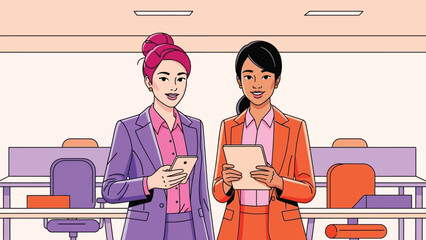 Modern professional women collaborating with digital devices in a vibrant office environment