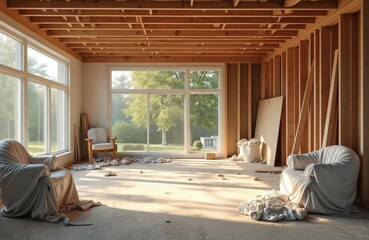 Room during construction. Walls unfinished. Armchairs covered with cloth for protection from dust. Home remodel in progress. Interior renovation transforms house, provides fresh start, modern