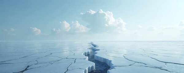 Cracked ice surface stretches to horizon under soft blue sky with clouds. Frozen landscape shows global warming danger. Icy wilderness illustrates fragility of nature and eco change with cold ground.