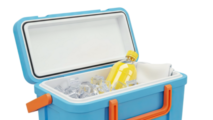 Blue cooler with yellow drink and ice cubes
