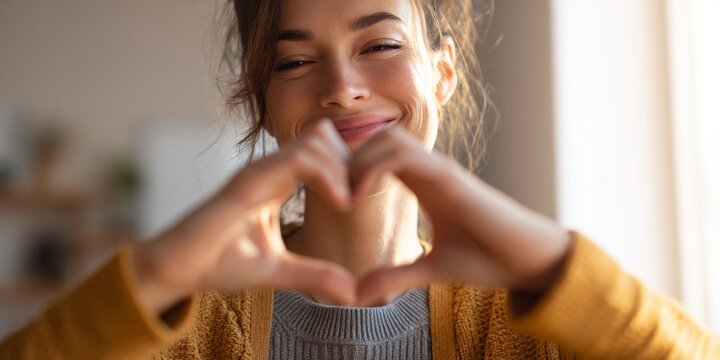 Young woman makes heart shape with hands, smiling warmly in cozy indoor setting, expressing love and joy in natural sunlight streaming through window