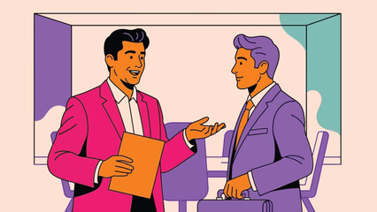 Fototapeta premium Engaging professional dialogue between two stylish businessmen in a contemporary office environment