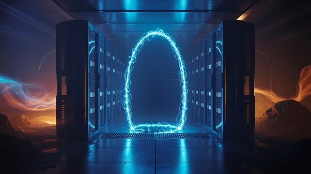 Digital Portal in Server Room , digital, portal, server, room, blue, lights, technology, data, - Powered by Adobe