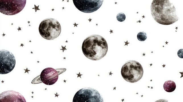 a seamless pattern of moon, star, and planets