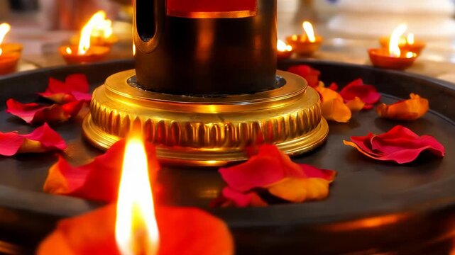Candle lit shiva linga surrounded by rose petals