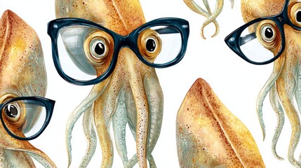 a seamless pattern of squid with glasses