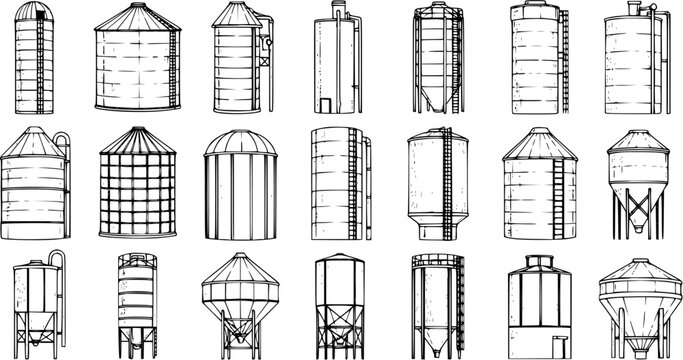 Farm Silo Sketches: Hand-Drawn Collection of Grain Storage Structures