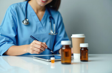 Female medical pro in blue scrubs uses digital tablet with stylus pen. Works at desk with stethoscope, medicine bottles, coffee cup. Smiles, managing important patient data with modern tech devices.