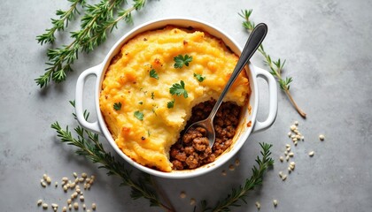 Shepherd pie in white casserole dish. Classic dish features mashed potatoes topping ground meat filling. Food is garnished with parsley. Spoon is inside pie.