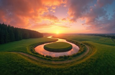 Fototapeta premium Aerial view of winding river during sunset. Green meadow reflects colourful sky. Sun illuminates horizon with forest. Rural landscape view serene, peaceful. Natural scenery shines with tranquil