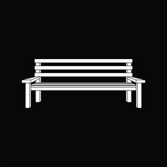 Park bench vector icon. White line art illustration of a wooden seat isolated on black background. Outdoor furniture symbol for map, signage, or landscape design.