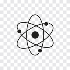 Atom icon vector illustration. Science and physics symbol. Nuclear energy and molecular structure logo concept. Black silhouette design.
