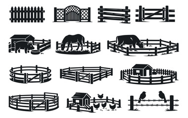 Fototapeta premium Silhouette farm fences and gates set featuring various animal enclosures, a chicken coop, and birds for agricultural and rural design