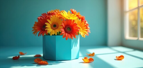 Bright gerbera daisy flowers in blue container on windowsill. Sunlight through window illuminates fresh flower petals. Red and yellow colors blossom in flowerbox create vibrant spring mood.