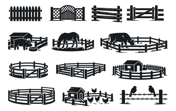 Silhouette farm fences and gates set featuring various animal enclosures, a chicken coop, and birds for agricultural and rural design