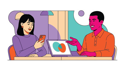 Engaging digital interaction: professionals collaborating with data visualization and mobile device