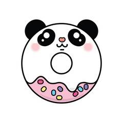 Cute kawaii panda donut vector illustration. Adorable cartoon animal face on a sweet pastry ring. Funny dessert character with pink icing and sprinkles isolated on white background.