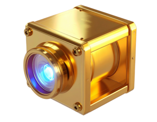 A golden, futuristic camera with a glowing lens, sitting on a black backdrop