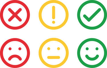 Set of customer feedback and satisfaction rating icons with colorful smileys, checkmarks, exclamation marks and cross symbols for survey and quality assessment.