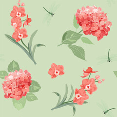Hydrangea, delicate orchids, and dragonflies on a green background in a seamless vector illustration. This illustration can be used for decoration, textile, packaging, or wallpaper.