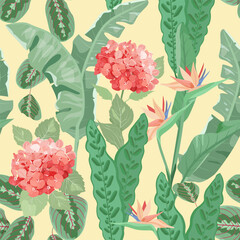 A seamless pattern featuring exotic flowers and tropical leaves against a beige background, hand-drawn in vector illustration style. This design can be used for textile decoration, packaging, 