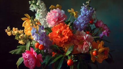 Obraz premium Vibrant Colorful Flower Bouquet Still Life with Dramatic Lighting.
