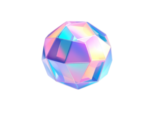 A geometric, faceted sphere with iridescent surfaces against a black background