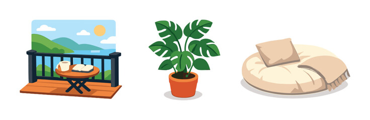 Obraz premium Cozy indoor scene with blanket, potted plant, balcony view of mountains and sun