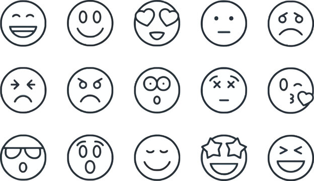 Collection of 15 simple line art emoji icons with various facial expressions for web design, apps, and social media communication.