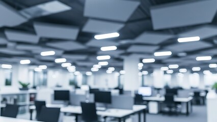 Blurred office interior with modern workstations and ceiling lights