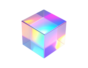 A luminous, prismatic cube exhibiting a rainbow of iridescent colors