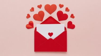 An open red envelope with hearts floating above conveying love and affection
