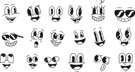 Retro 1930s Style Cartoon Face Elements Set with Vintage Eyes and Mouths for Classic Animation Mascot Character Design Creator Kit © king