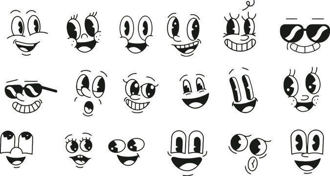 Retro 1930s Style Cartoon Face Elements Set with Vintage Eyes and Mouths for Classic Animation Mascot Character Design Creator Kit