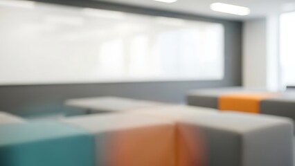 Blurry classroom interior with colorful seating and whiteboard