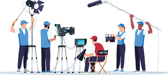 Illustration of a professional film crew on set with cameras, lighting, and sound equipment © aiman
