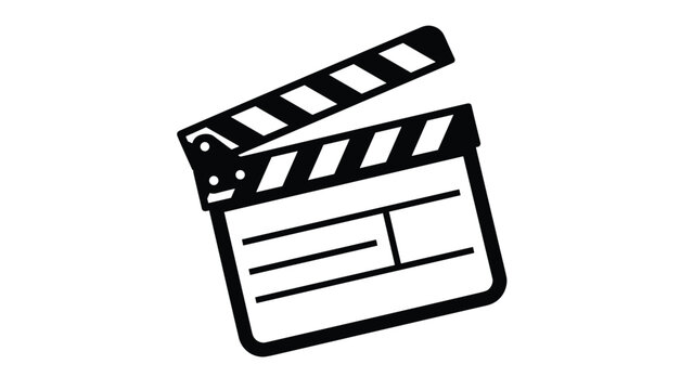 Bold black and white icon of a professional movie clapperboard used in film production and the global cinema industries.