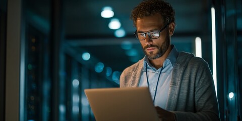 Professional Technician in Server Room Holding Laptop, Analyzing Data and Working on IT Infrastructure, Modern Technology, and Digital Solutions